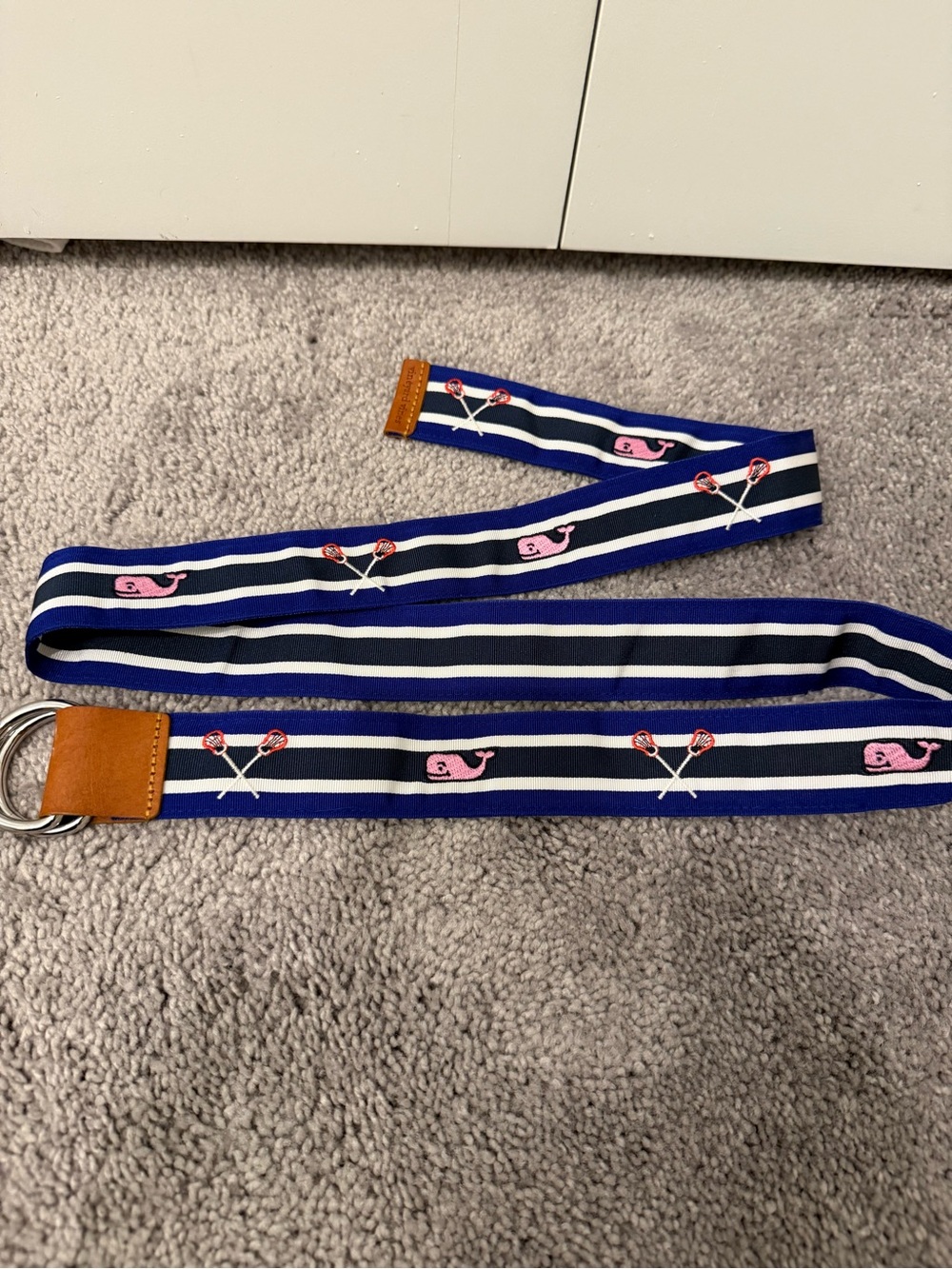 Vineyard Vines Lacrosses Navy, White & Pink Whale Stripe Web Belt